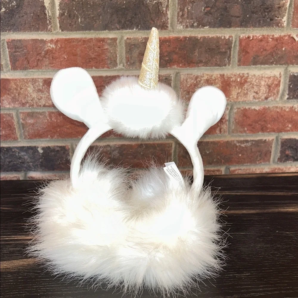 Justice For Girls Plush Unicorn Pompom Earmuffs white and gold NWOT